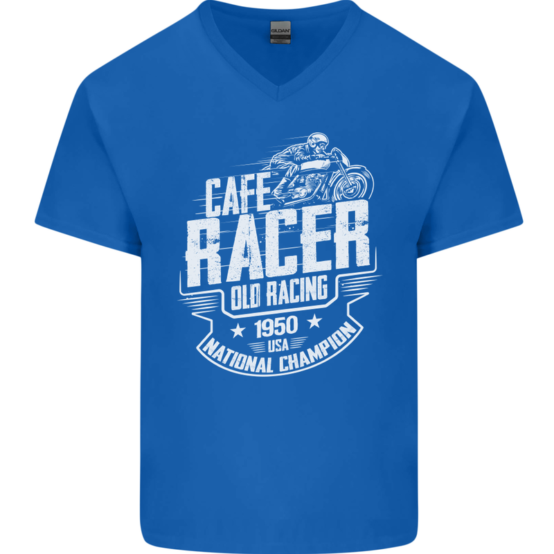Cafe Racer Old Racing Biker Motorcycle Mens V-Neck Cotton T-Shirt Royal Blue