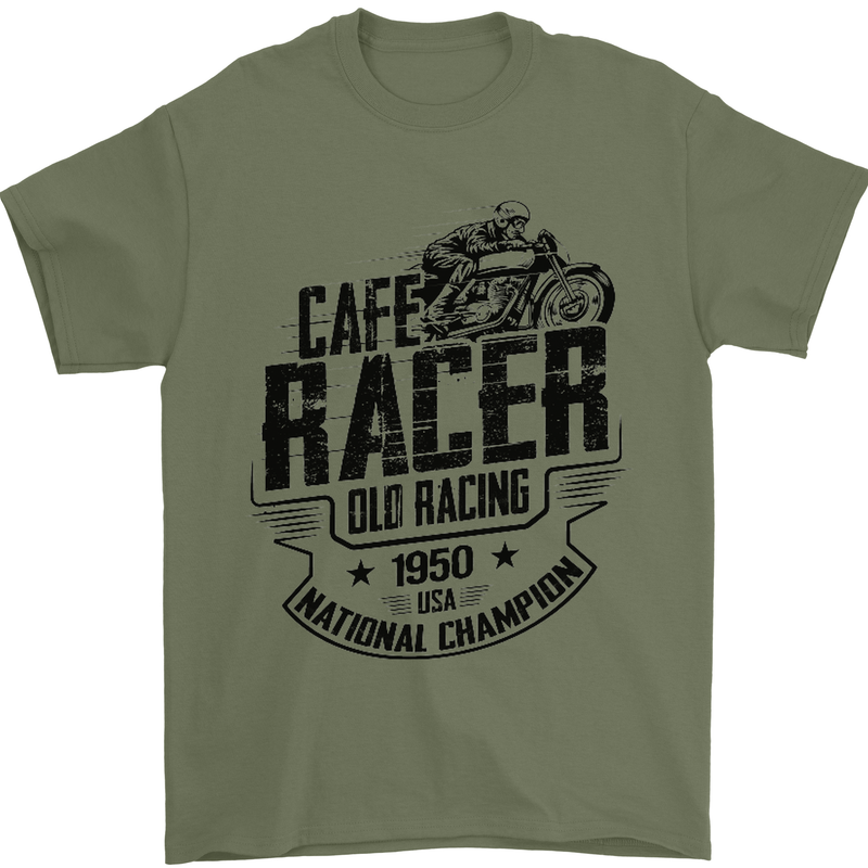 Cafe Racer Old Racing Motorcycle Biker Mens T-Shirt Cotton Gildan Military Green