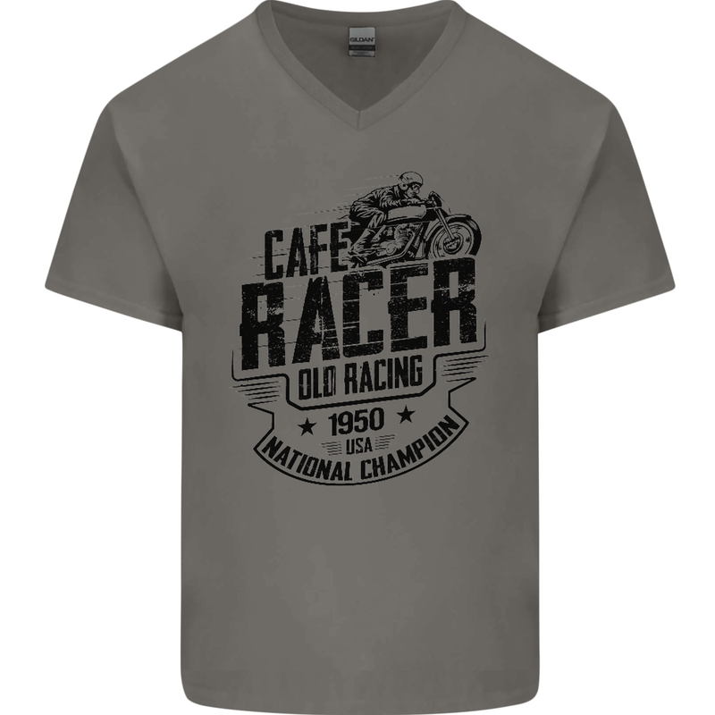 Cafe Racer Old Racing Motorcycle Biker Mens V-Neck Cotton T-Shirt Charcoal