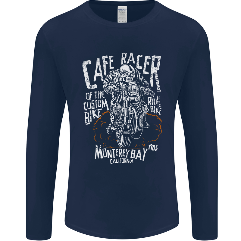Cafe Racer Skull Motorcycle Biker Motorbike Mens Long Sleeve T-Shirt Navy Blue