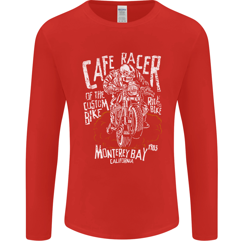 Cafe Racer Skull Motorcycle Biker Motorbike Mens Long Sleeve T-Shirt Red