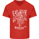 Cafe Racer Skull Motorcycle Biker Motorbike Mens V-Neck Cotton T-Shirt Red