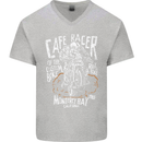 Cafe Racer Skull Motorcycle Biker Motorbike Mens V-Neck Cotton T-Shirt Sports Grey