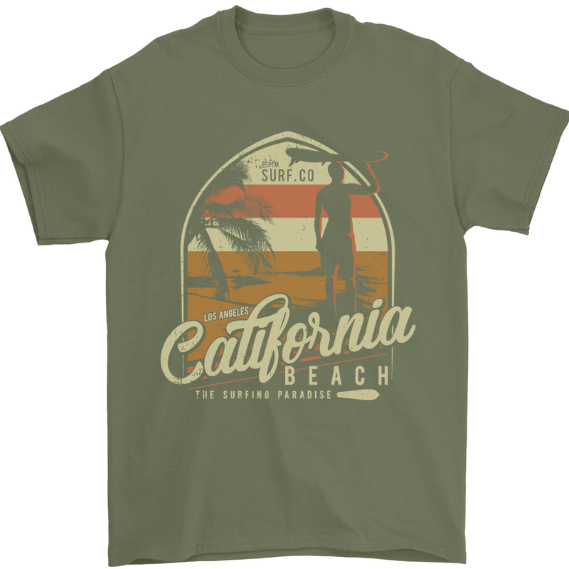 California Beach Surfing Surf Surfer Mens T-Shirt Cotton Gildan Military Green