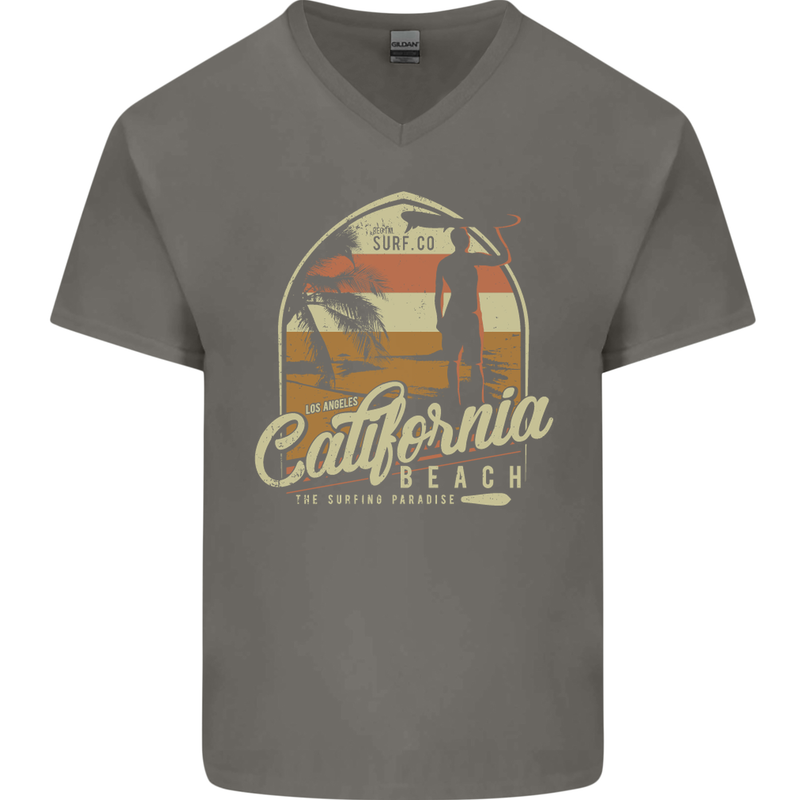 California Beach Surfing Surf Surfer Mens V-Neck Cotton T-Shirt Charcoal