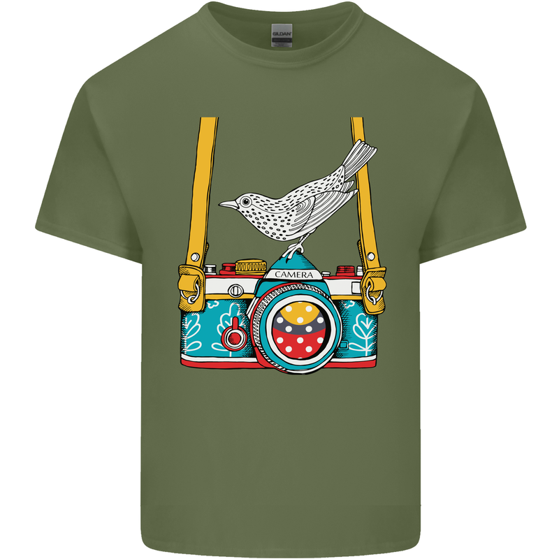 Camera With a Bird Photographer Photography Mens Cotton T-Shirt Tee Top Military Green