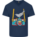 Camera With a Bird Photographer Photography Mens V-Neck Cotton T-Shirt Navy Blue