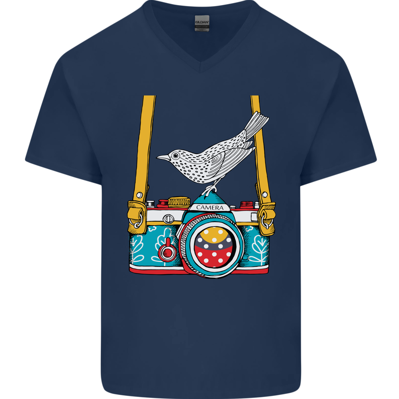 Camera With a Bird Photographer Photography Mens V-Neck Cotton T-Shirt Navy Blue