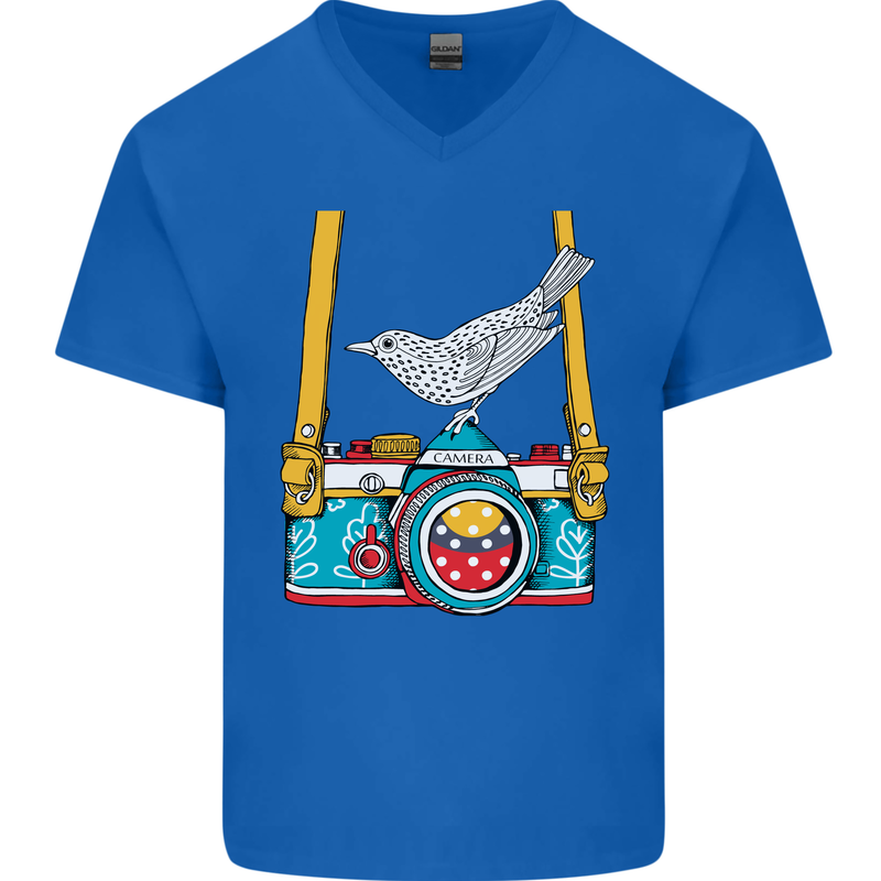 Camera With a Bird Photographer Photography Mens V-Neck Cotton T-Shirt Royal Blue