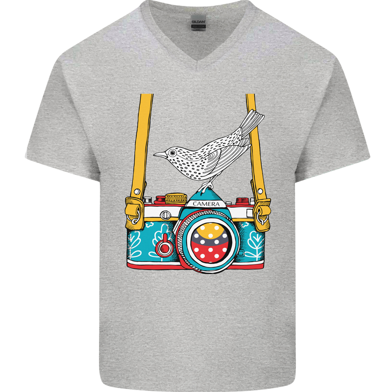 Camera With a Bird Photographer Photography Mens V-Neck Cotton T-Shirt Sports Grey