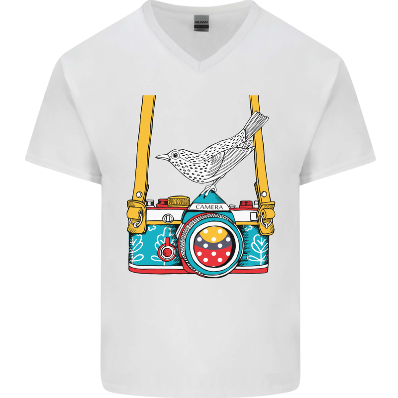 Camera With a Bird Photographer Photography Mens V-Neck Cotton T-Shirt White