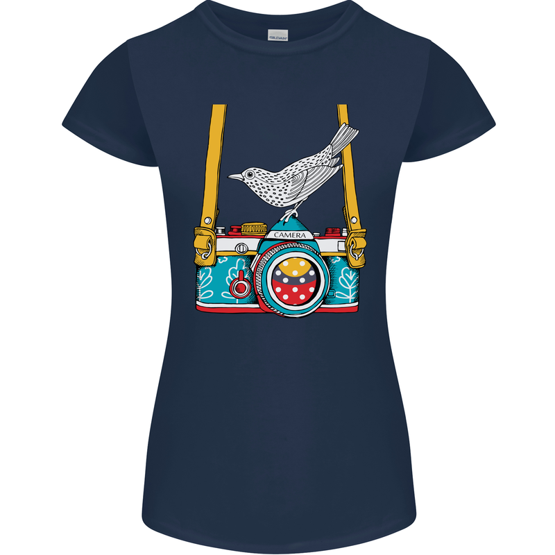 Camera With a Bird Photographer Photography Womens Petite Cut T-Shirt Navy Blue