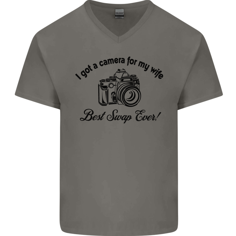 Camera for My Wife Photographer Photography Mens V-Neck Cotton T-Shirt Charcoal