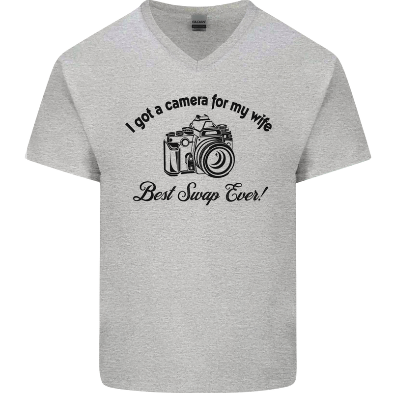 Camera for My Wife Photographer Photography Mens V-Neck Cotton T-Shirt Sports Grey