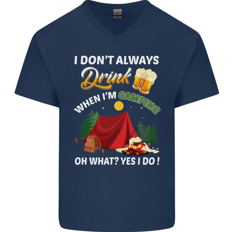 Camping Funny Alcohol Beer Camper Mens V-Neck Cotton T-Shirt Navy Blue