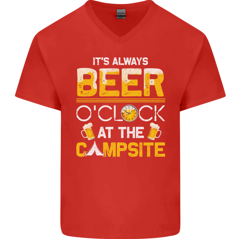 Camping Funny Alcohol Beer Campsite Mens V-Neck Cotton T-Shirt Red