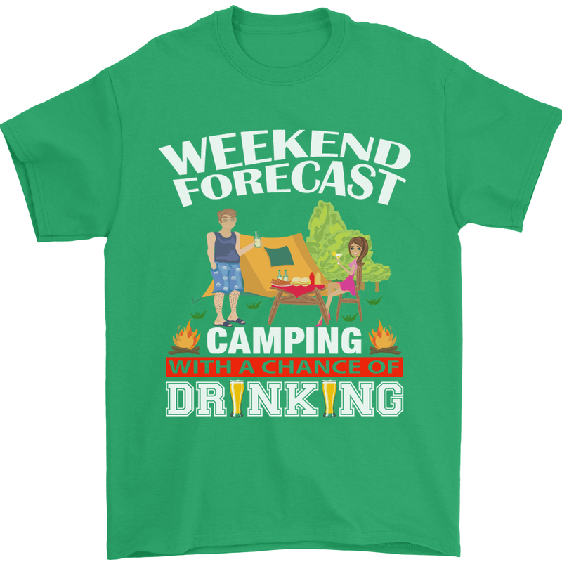 Camping Weekend Forecast Funny Alcohol Beer Mens T-Shirt Cotton Gildan Irish Green
