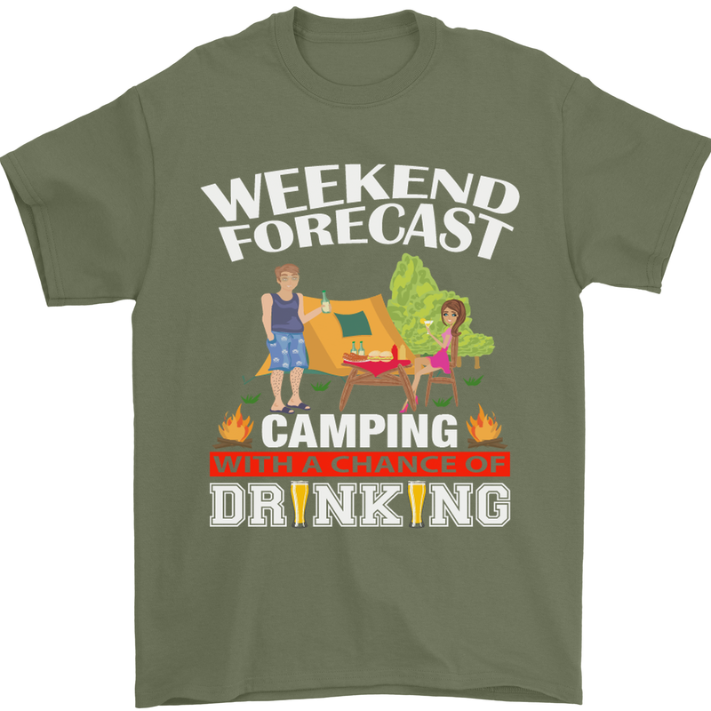 Camping Weekend Forecast Funny Alcohol Beer Mens T-Shirt Cotton Gildan Military Green