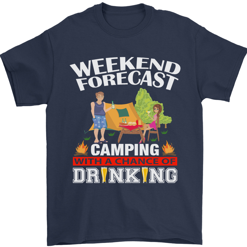 Camping Weekend Forecast Funny Alcohol Beer Mens T-Shirt Cotton Gildan Navy Blue