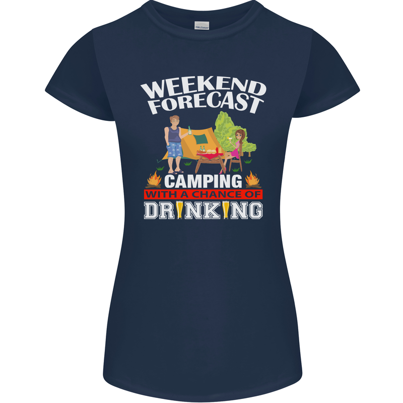 Camping Weekend Forecast Funny Alcohol Beer Womens Petite Cut T-Shirt Navy Blue