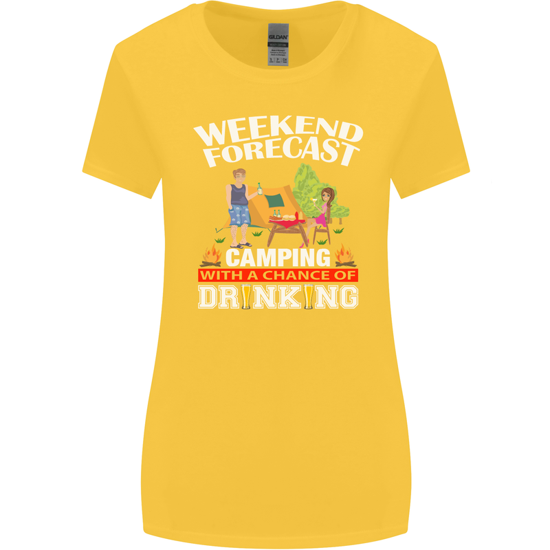 Camping Weekend Forecast Funny Alcohol Beer Womens Wider Cut T-Shirt Yellow