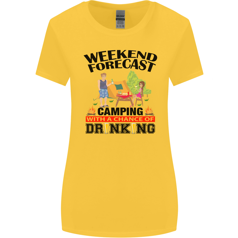 Camping Weekend Forecast Funny Alcohol Beer Womens Wider Cut T-Shirt Yellow
