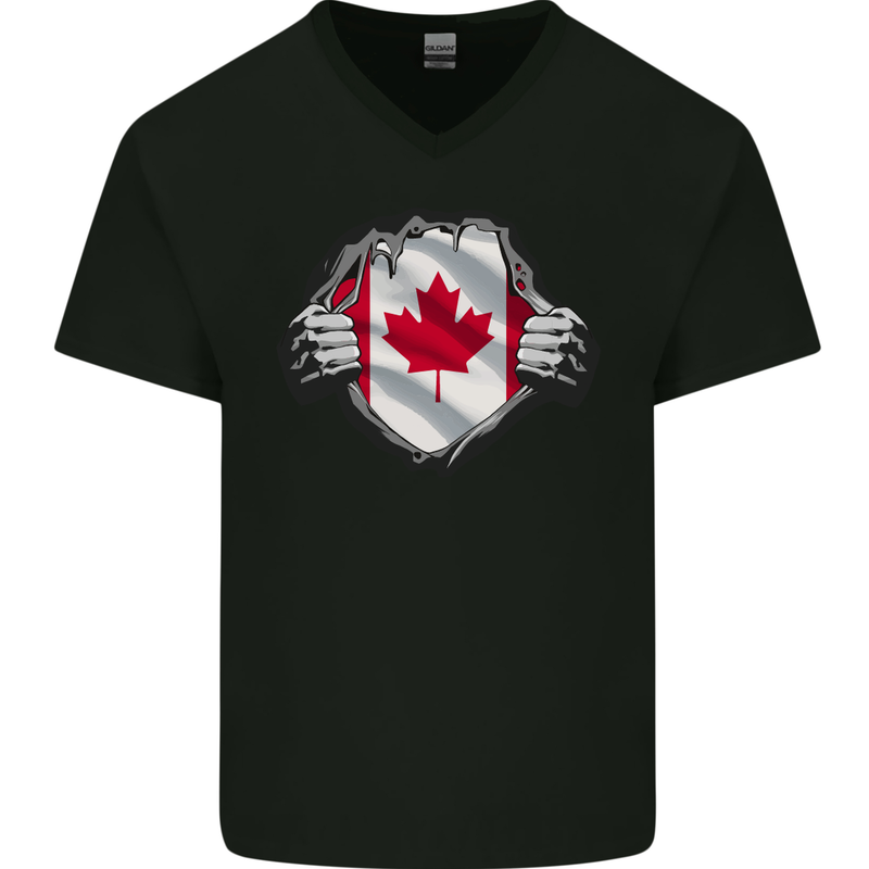 Canadian Flag Ripped Torn Gym Canada Day Mens V-Neck Cotton T-Shirt Black