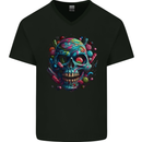 Candy Skull Mens V-Neck Cotton T-Shirt Black