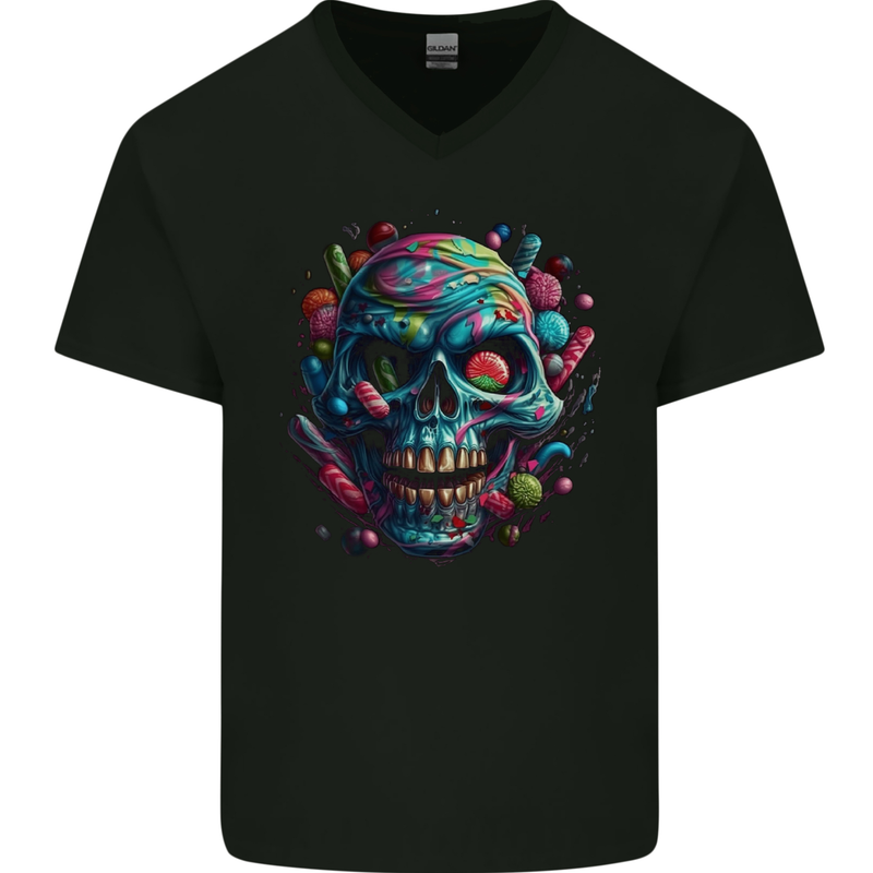 Candy Skull Mens V-Neck Cotton T-Shirt Black