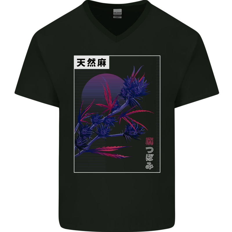 Cannabis Vaporwave Drugs Marijuana Weed Mens V-Neck Cotton T-Shirt Black