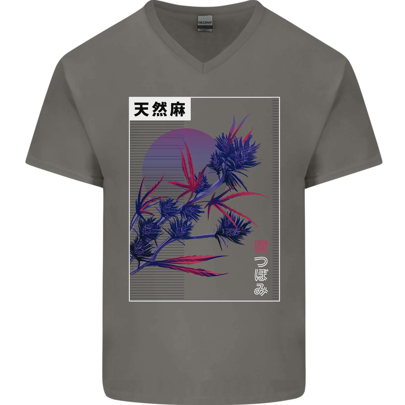 Cannabis Vaporwave Drugs Marijuana Weed Mens V-Neck Cotton T-Shirt Charcoal