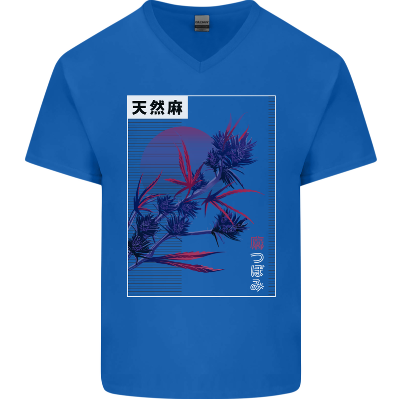 Cannabis Vaporwave Drugs Marijuana Weed Mens V-Neck Cotton T-Shirt Royal Blue