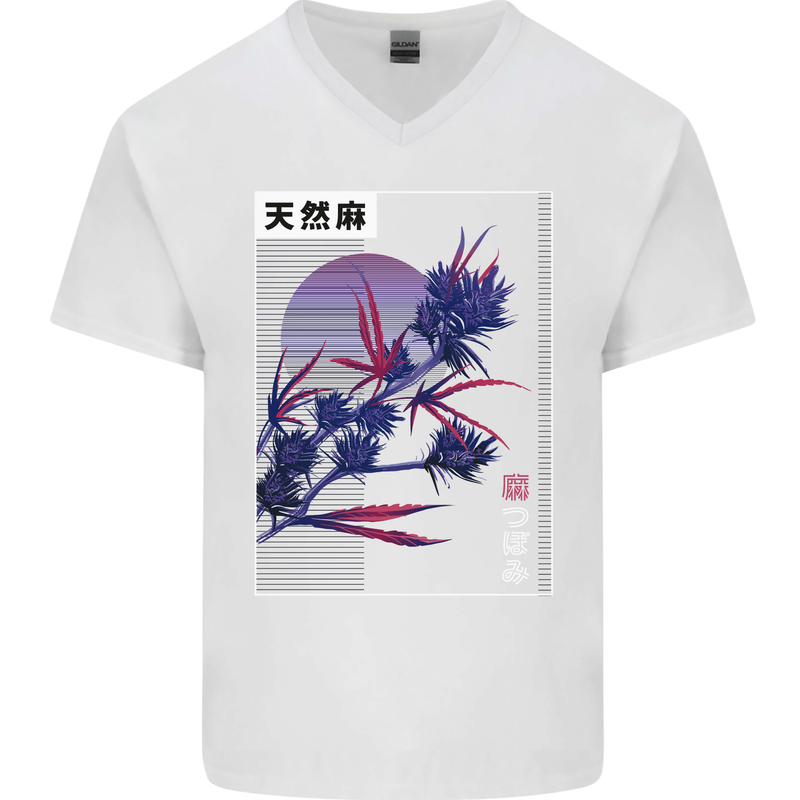 Cannabis Vaporwave Drugs Marijuana Weed Mens V-Neck Cotton T-Shirt White