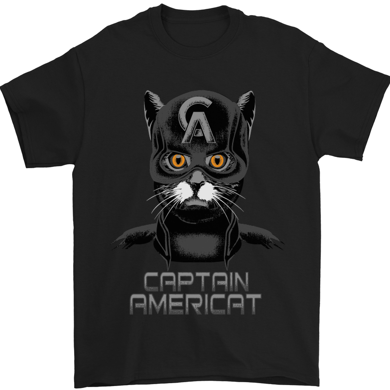 Captain Americat Funny Superhero Cat Mens T-Shirt Cotton Gildan Black