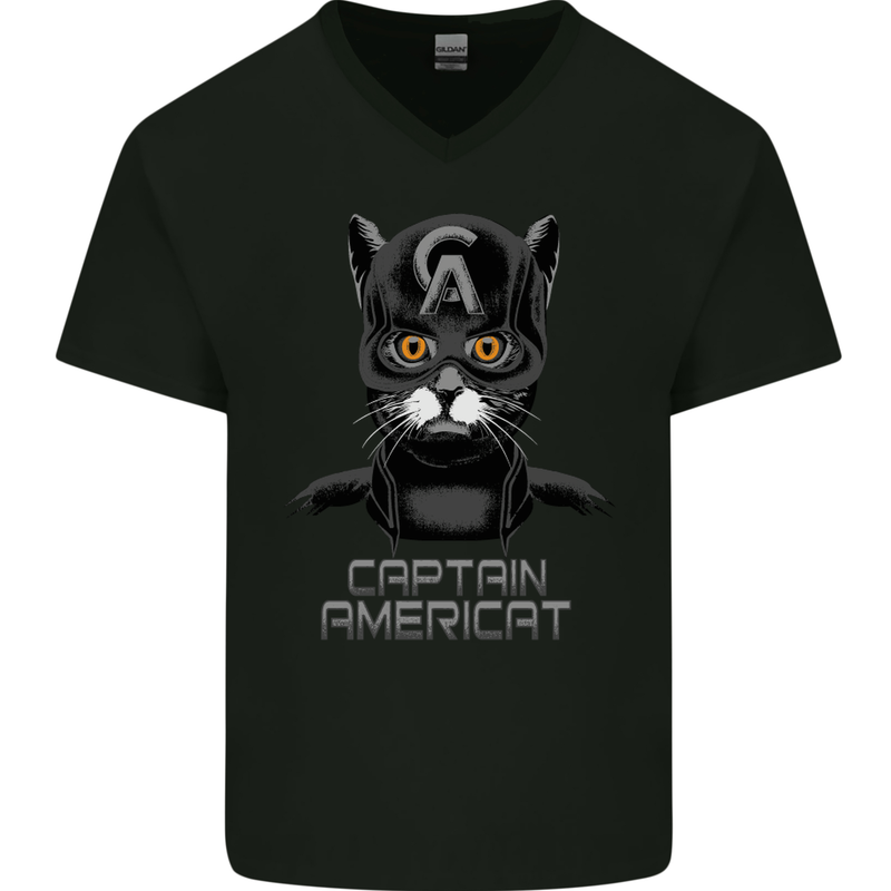 Captain Americat Funny Superhero Cat Mens V-Neck Cotton T-Shirt Black