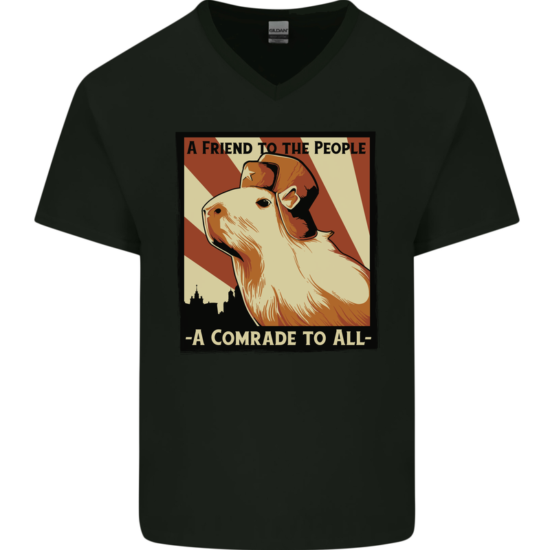 Capybara Comrade Mens V-Neck Cotton T-Shirt Black