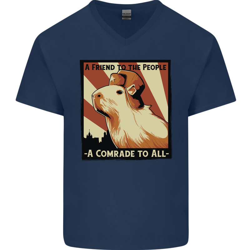 Capybara Comrade Mens V-Neck Cotton T-Shirt Navy Blue