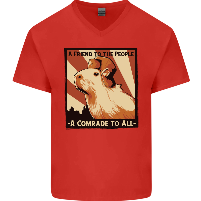 Capybara Comrade Mens V-Neck Cotton T-Shirt Red
