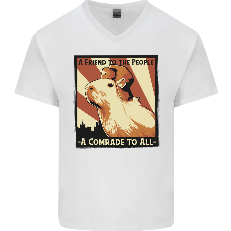 Capybara Comrade Mens V-Neck Cotton T-Shirt White