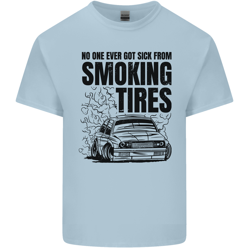 Car Drifting Burning Tires Mens Cotton T-Shirt Tee Top Light Blue