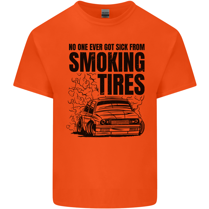 Car Drifting Burning Tires Mens Cotton T-Shirt Tee Top Orange