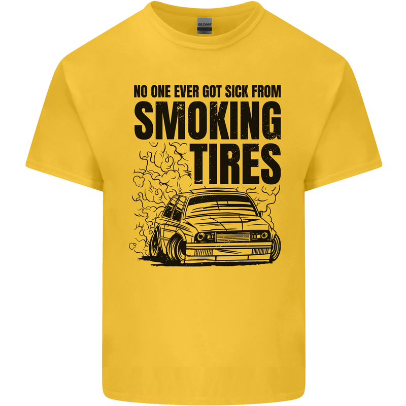 Car Drifting Burning Tires Mens Cotton T-Shirt Tee Top Yellow