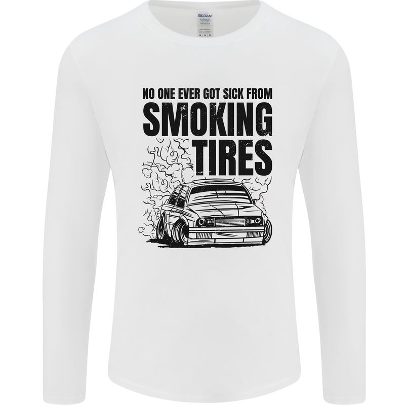 Car Drifting Burning Tires Mens Long Sleeve T-Shirt White