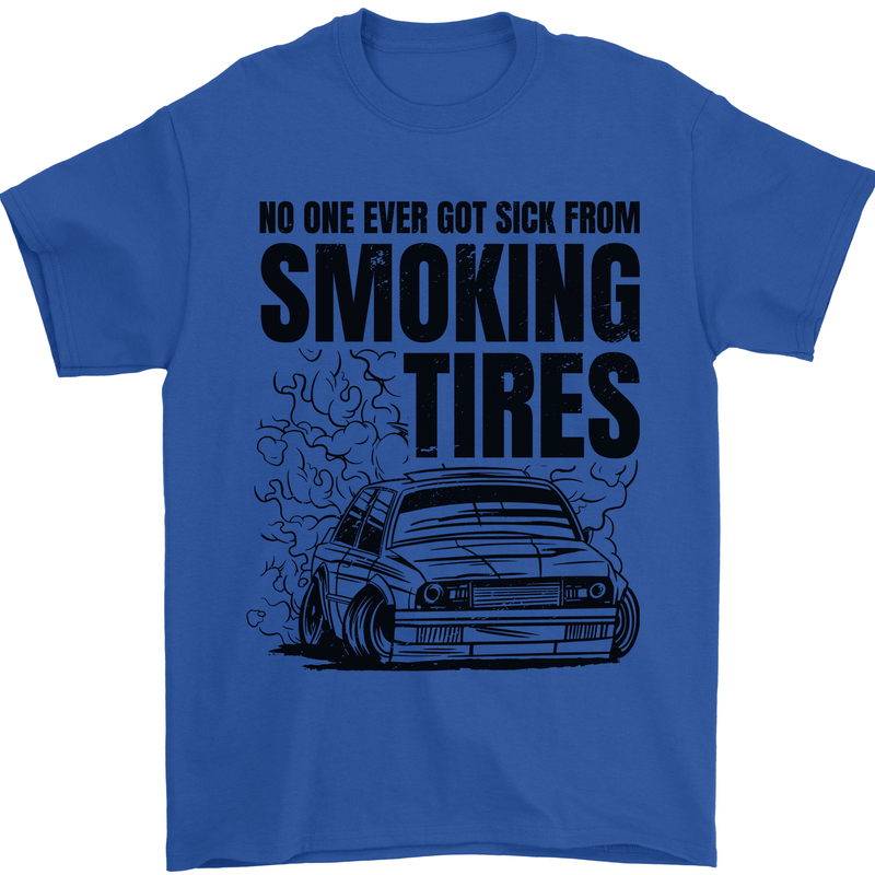 Car Drifting Burning Tires Mens T-Shirt 100% Cotton Royal Blue