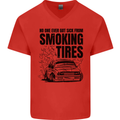 Car Drifting Burning Tires Mens V-Neck Cotton T-Shirt Red