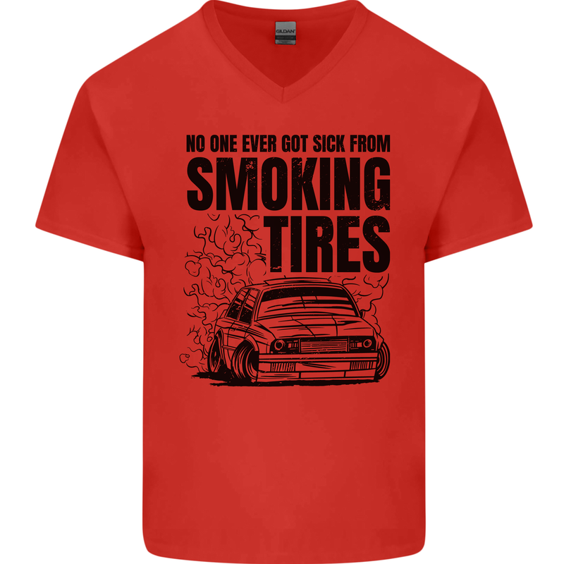 Car Drifting Burning Tires Mens V-Neck Cotton T-Shirt Red