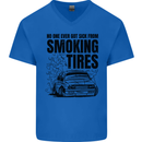 Car Drifting Burning Tires Mens V-Neck Cotton T-Shirt Royal Blue