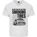 Car Drifting Burning Tires Mens V-Neck Cotton T-Shirt White