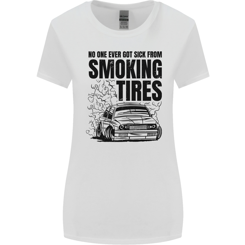 Car Drifting Burning Tires Womens Wider Cut T-Shirt White