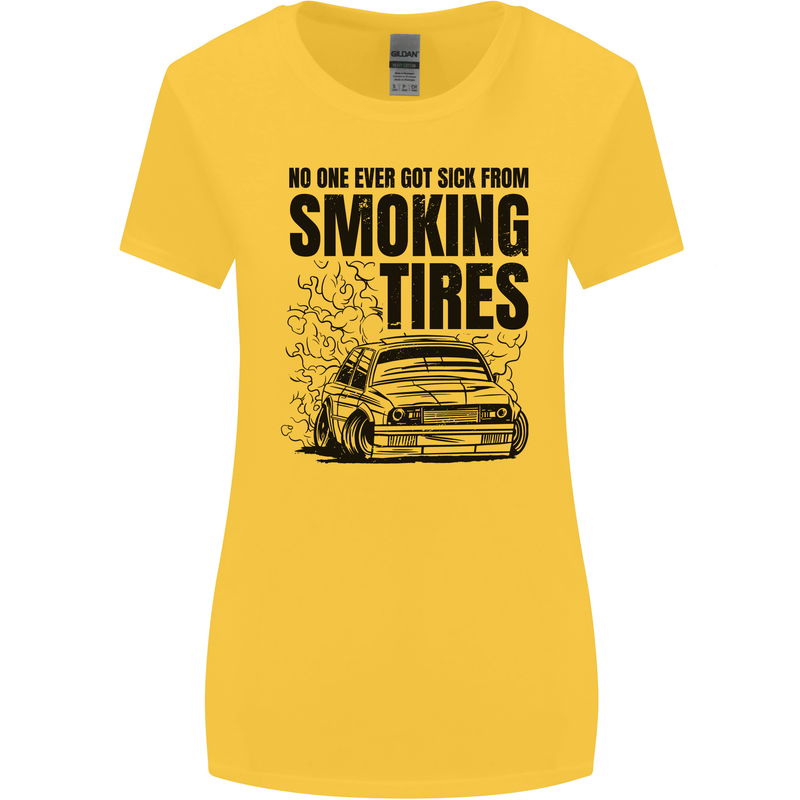 Car Drifting Burning Tires Womens Wider Cut T-Shirt Yellow